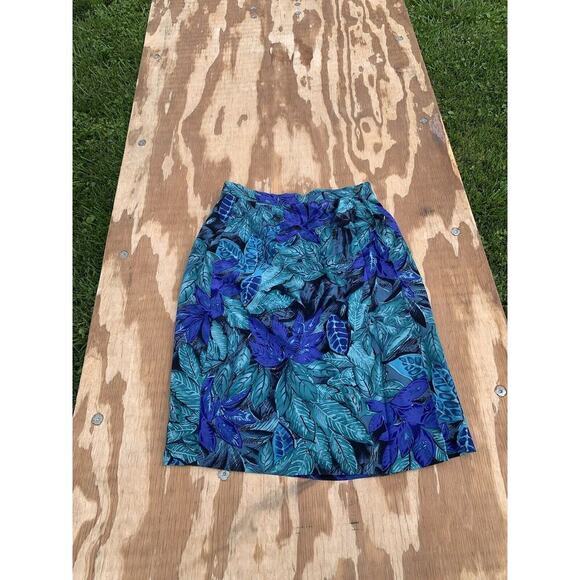 Vintage Kasper ASL Womens Silk Skirt Size 6 Blue Green Floral Leaves Tropical - Picture 1 of 6